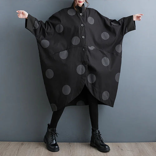Oversized Polka Dot Trench Coat Women Vintage Autumn Loose Ladies