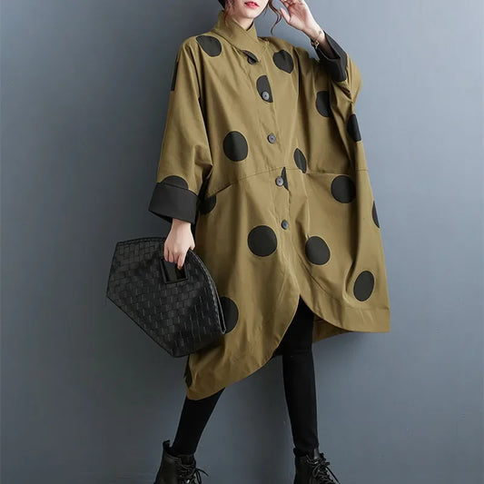 Oversized Polka Dot Trench Coat Women Vintage Autumn Loose Ladies