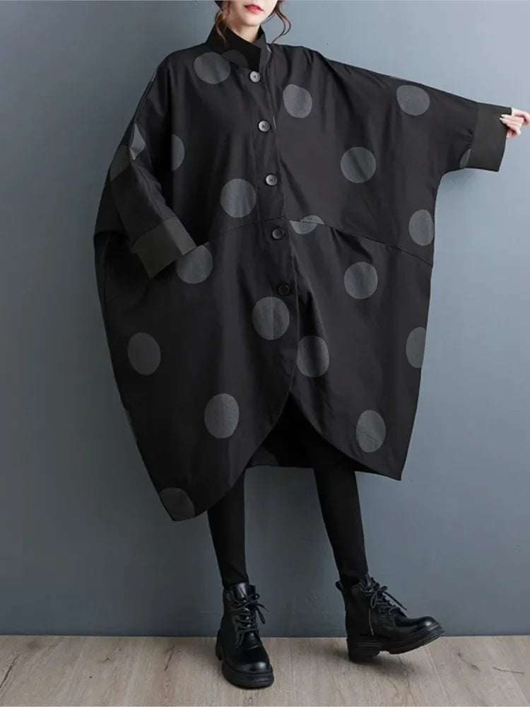 Oversized Polka Dot Trench Coat Women Vintage Autumn Loose Ladies