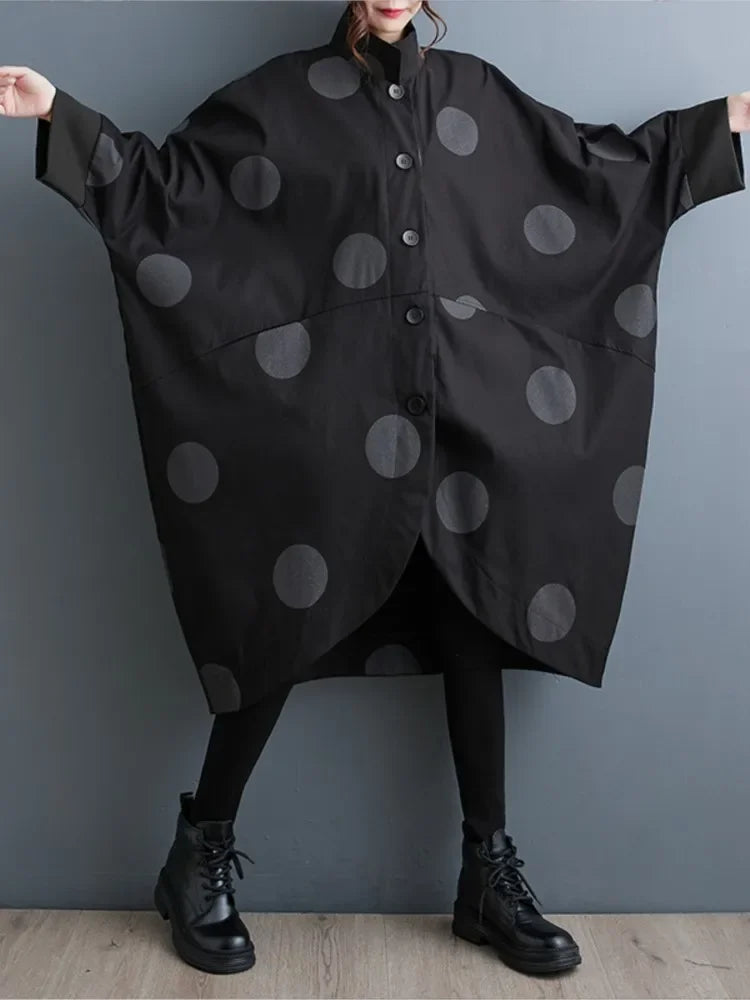 Oversized Polka Dot Trench Coat Women Vintage Autumn Loose Ladies
