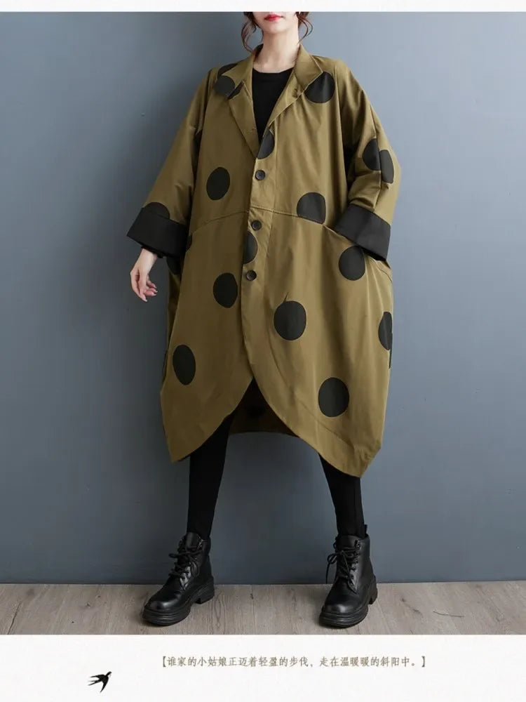 Oversized Polka Dot Trench Coat Women Vintage Autumn Loose Ladies