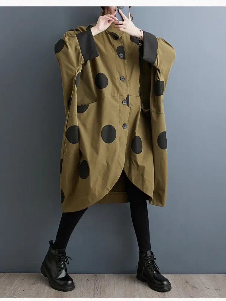 Oversized Polka Dot Trench Coat Women Vintage Autumn Loose Ladies